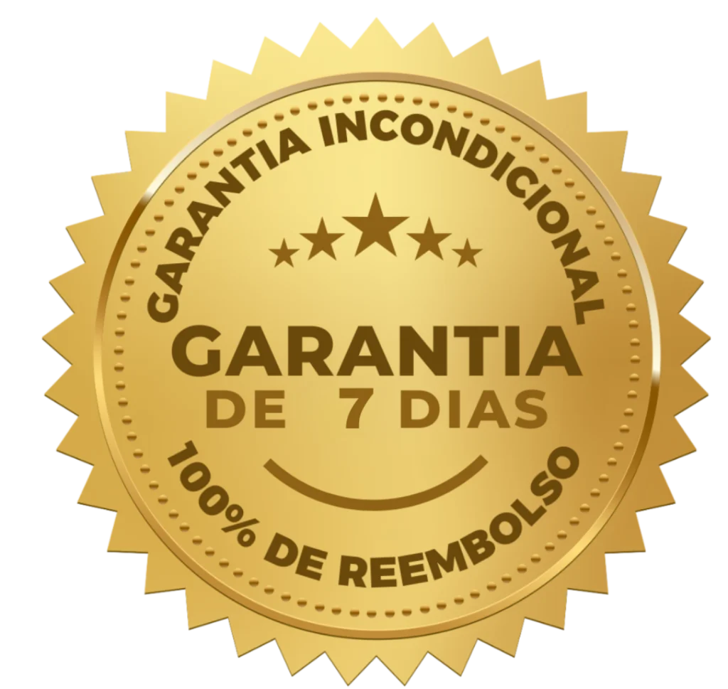 Selo dourado com os dizeres: Garantia incondicional de 7 dias, 100% de reembolso